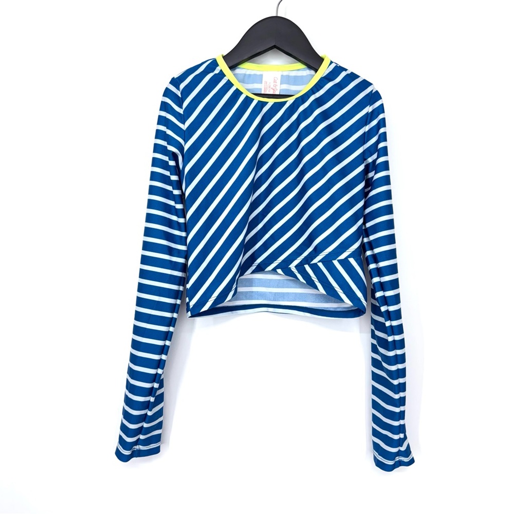 Cat & Jack Girls Rashguard Swim Shirt White Stripe Blue With Neon Yellow Green